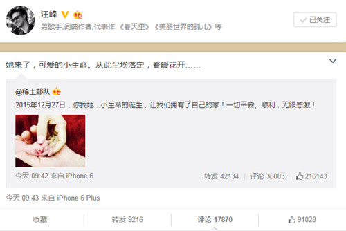 章子怡产女汪峰微博截图