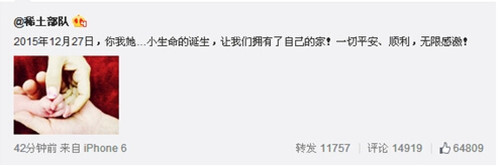 章子怡产女微博截图